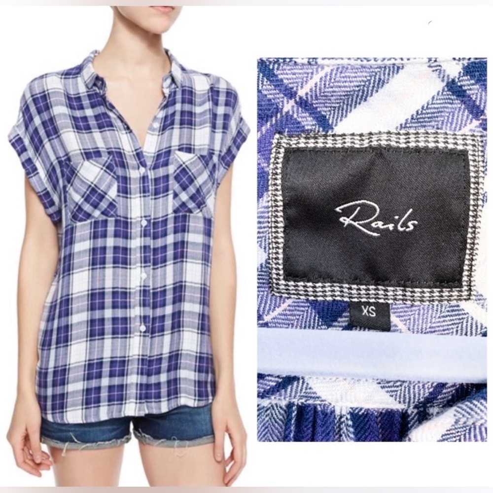 Rails Britt Cap Sleeve Plaid Button Down Navy, Pink and White Size Oversized XS
